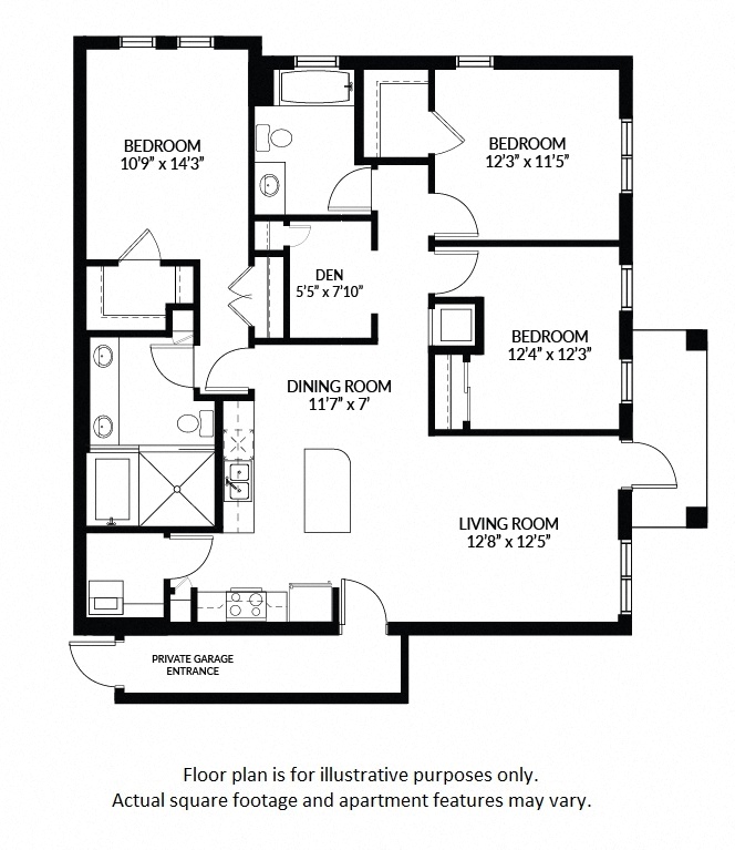 Floor plan for 3 beds, 2 baths, 1523 sqft